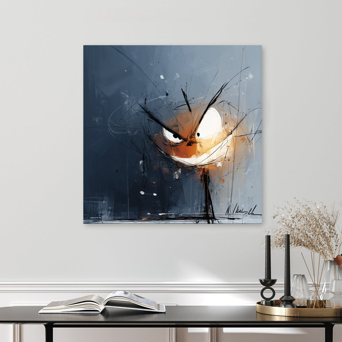 moody Halloween pumpkin face wall art with glowing eyes on a dark abstract background