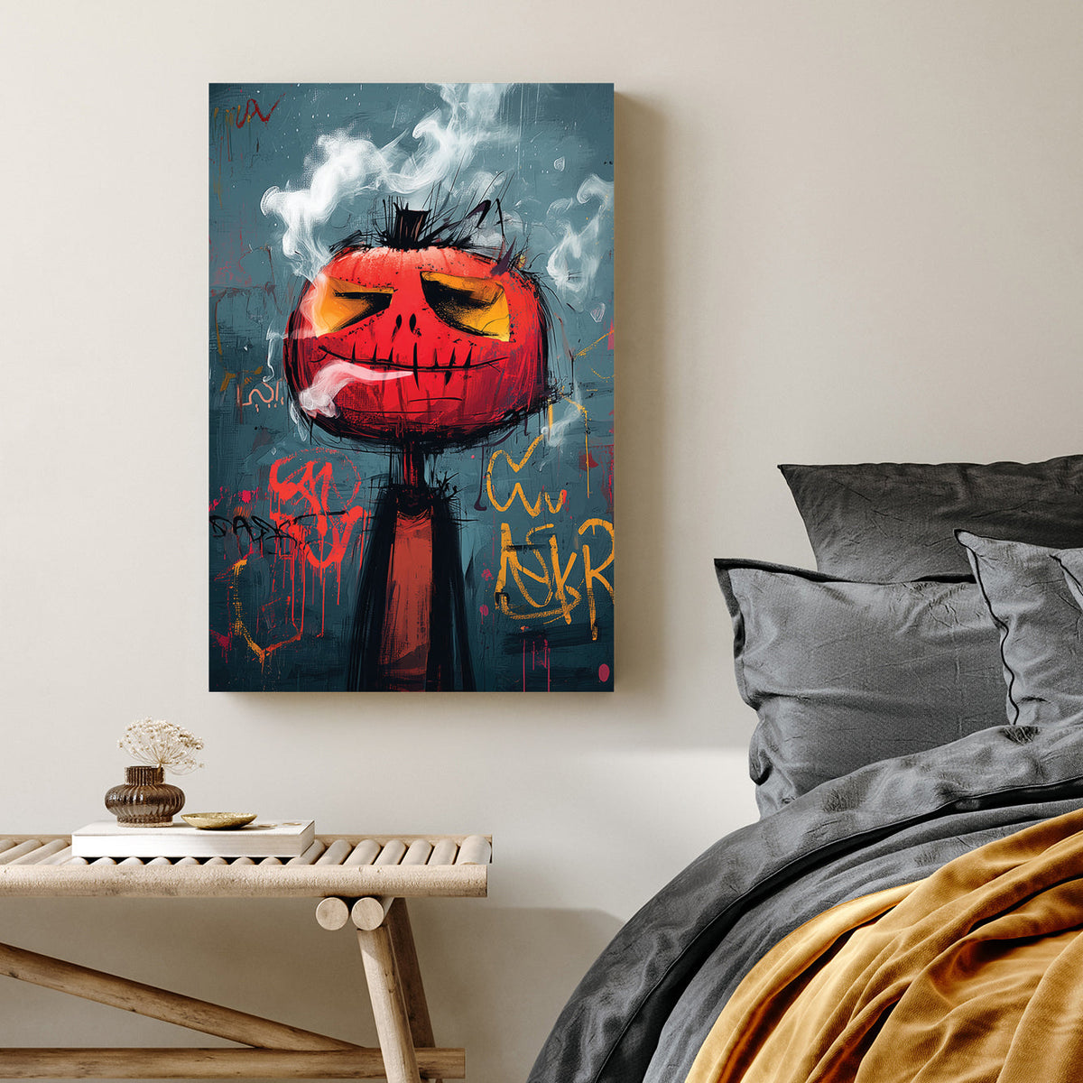 graffiti style pumpkin smoking wall art with urban grunge textures