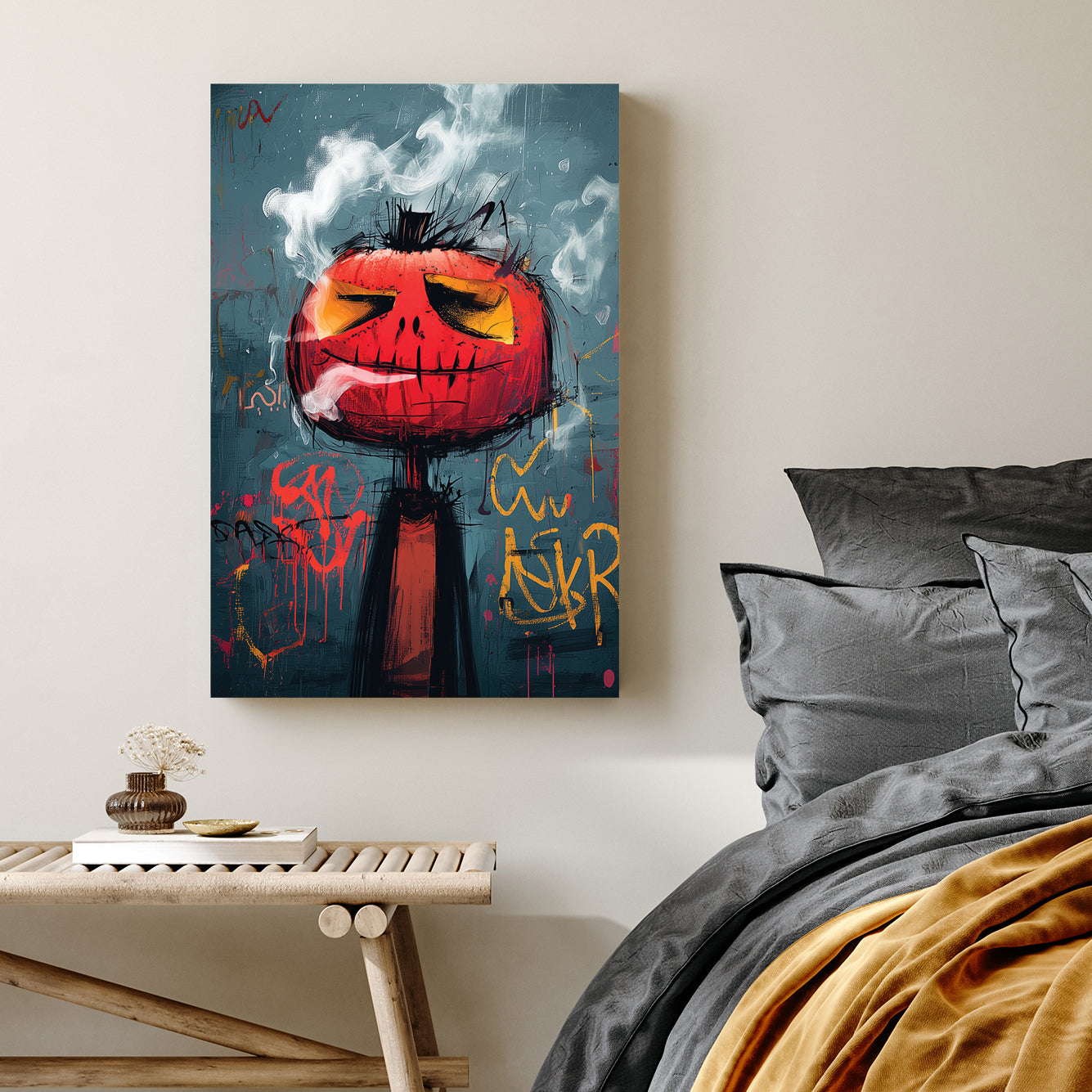graffiti style pumpkin smoking wall art with urban grunge textures