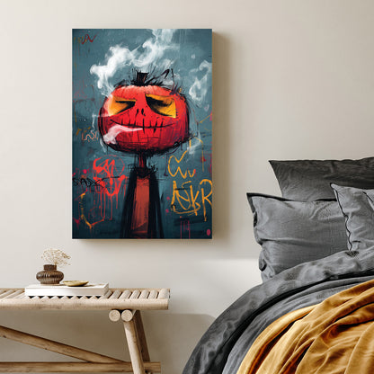 graffiti style pumpkin smoking wall art with urban grunge textures