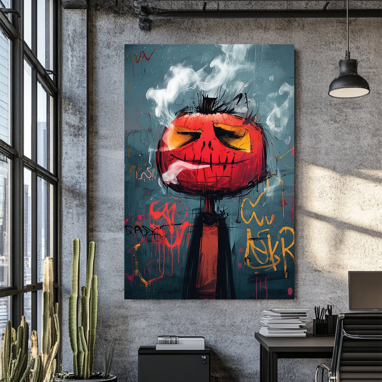 graffiti style pumpkin smoking wall art with urban grunge textures