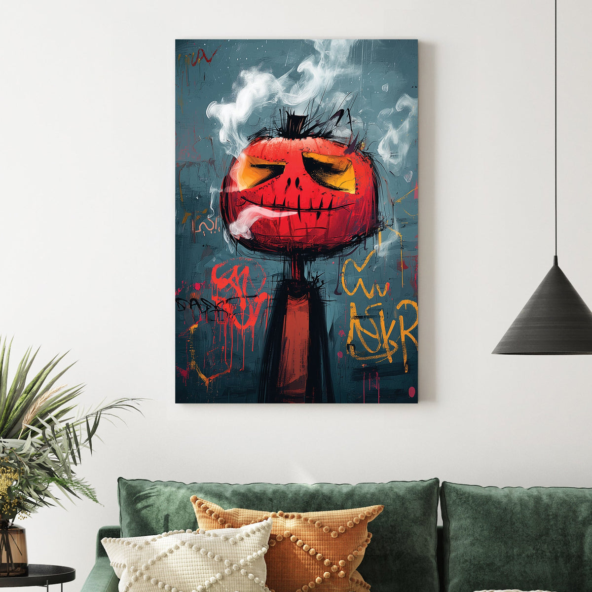 graffiti style pumpkin smoking wall art with urban grunge textures