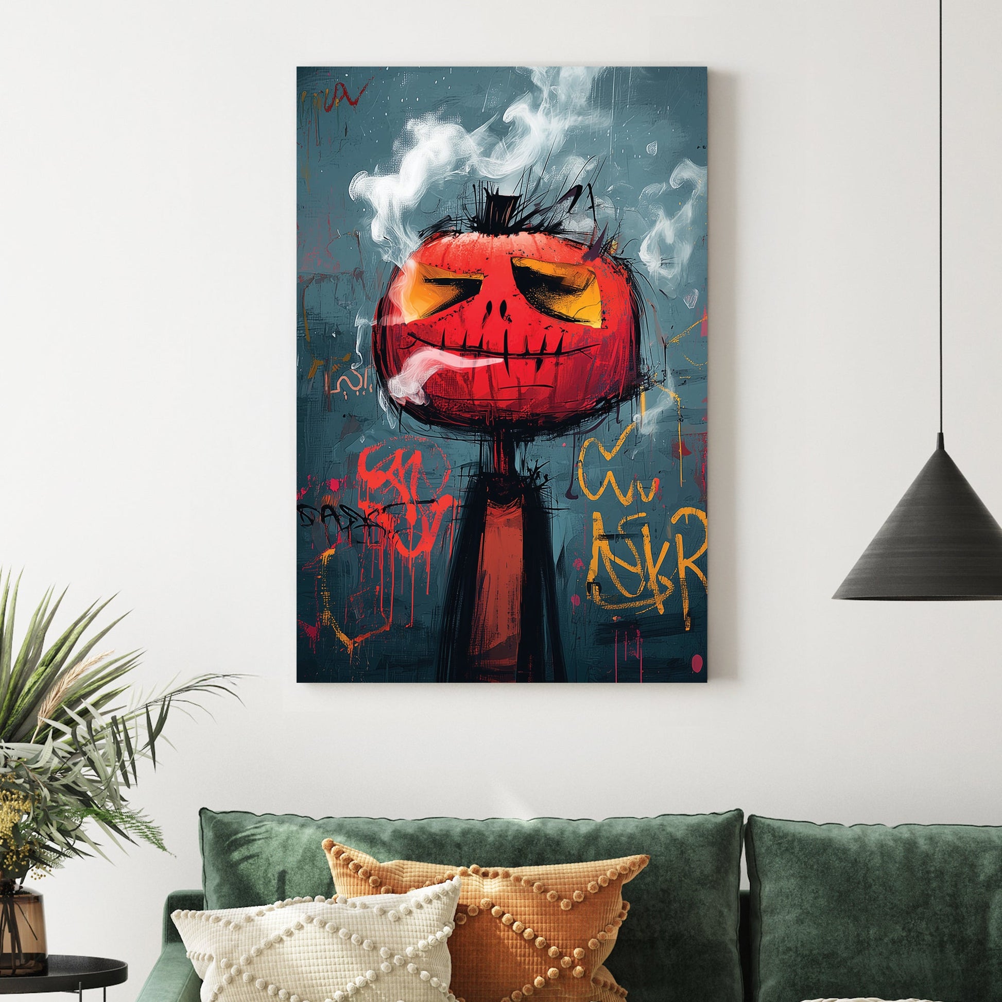 graffiti style pumpkin smoking wall art with urban grunge textures