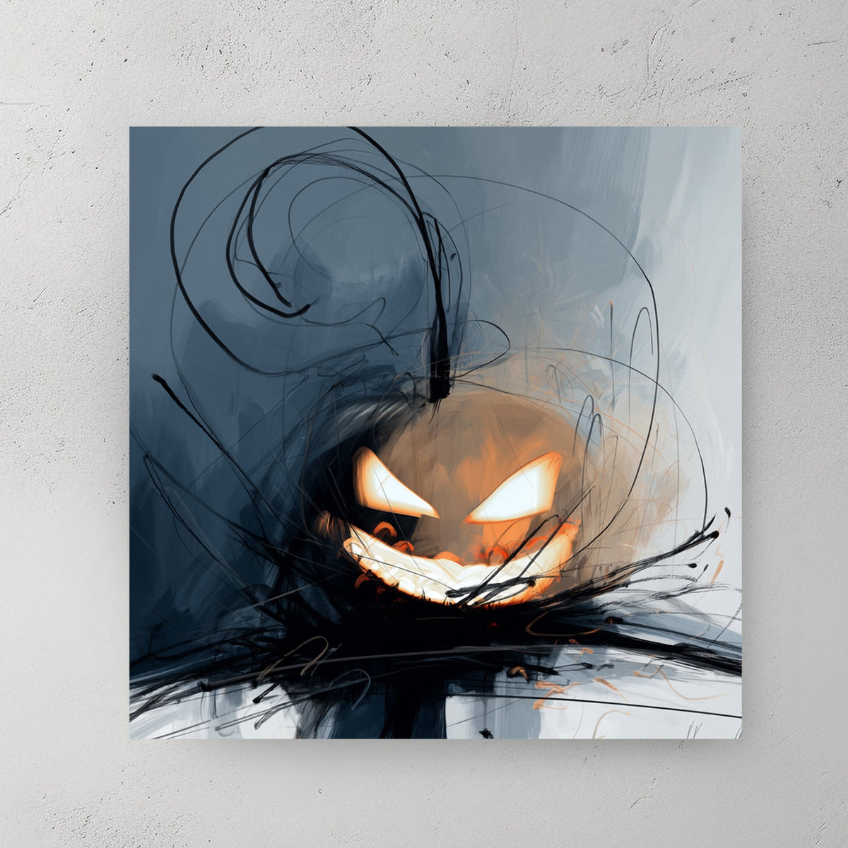 abstract Halloween pumpkin wall art with glowing eyes and chaotic brush strokes