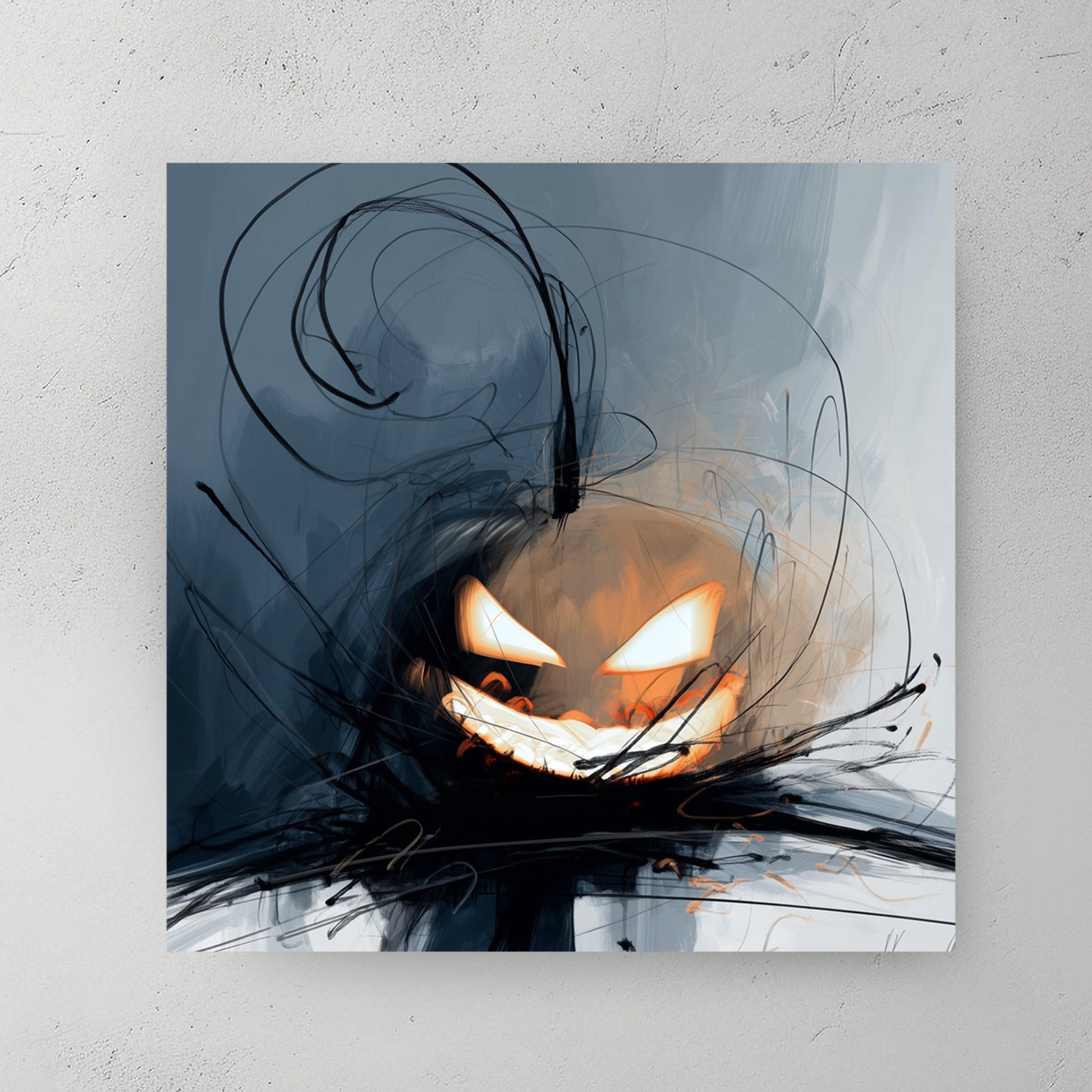 abstract Halloween pumpkin wall art with glowing eyes and chaotic brush strokes