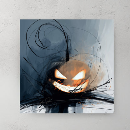 abstract Halloween pumpkin wall art with glowing eyes and chaotic brush strokes