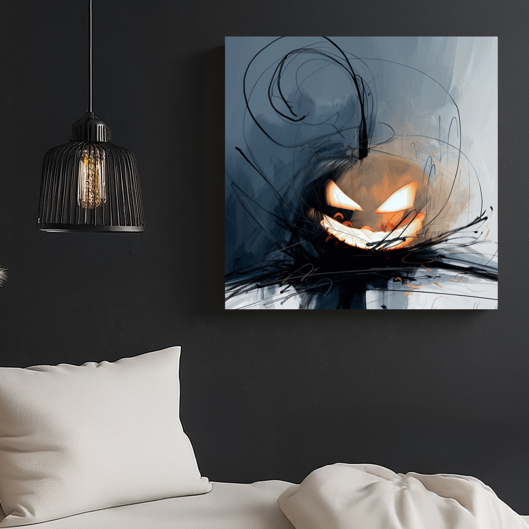 abstract Halloween pumpkin wall art with glowing eyes and chaotic brush strokes