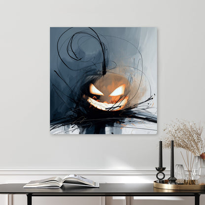 abstract Halloween pumpkin wall art with glowing eyes and chaotic brush strokes