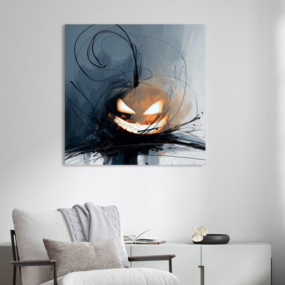 abstract Halloween pumpkin wall art with glowing eyes and chaotic brush strokes