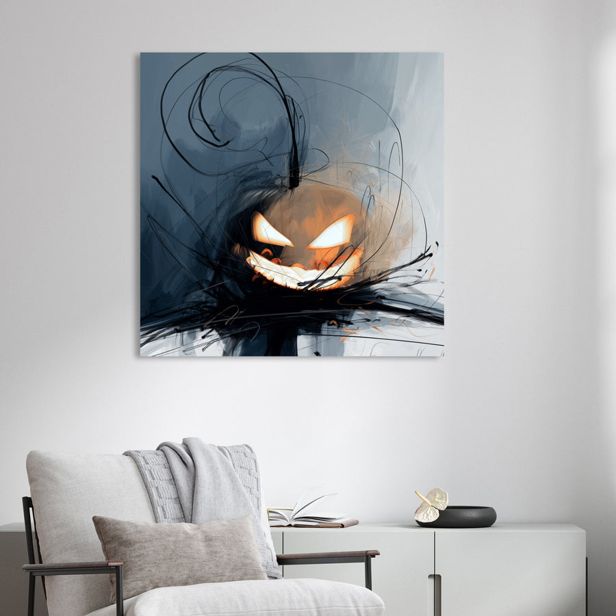 abstract Halloween pumpkin wall art with glowing eyes and chaotic brush strokes