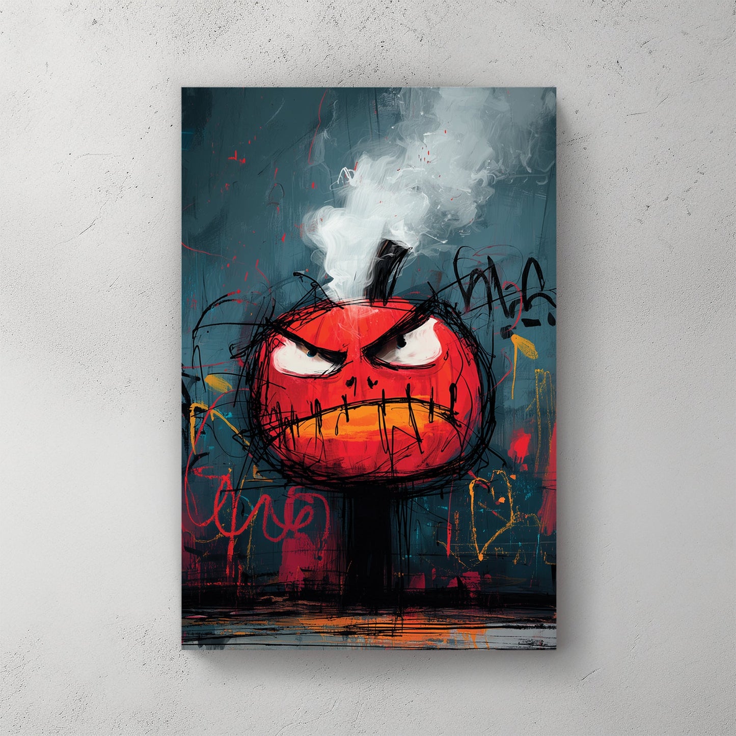 graffiti angry pumpkin wall art with smoke and bold colours
