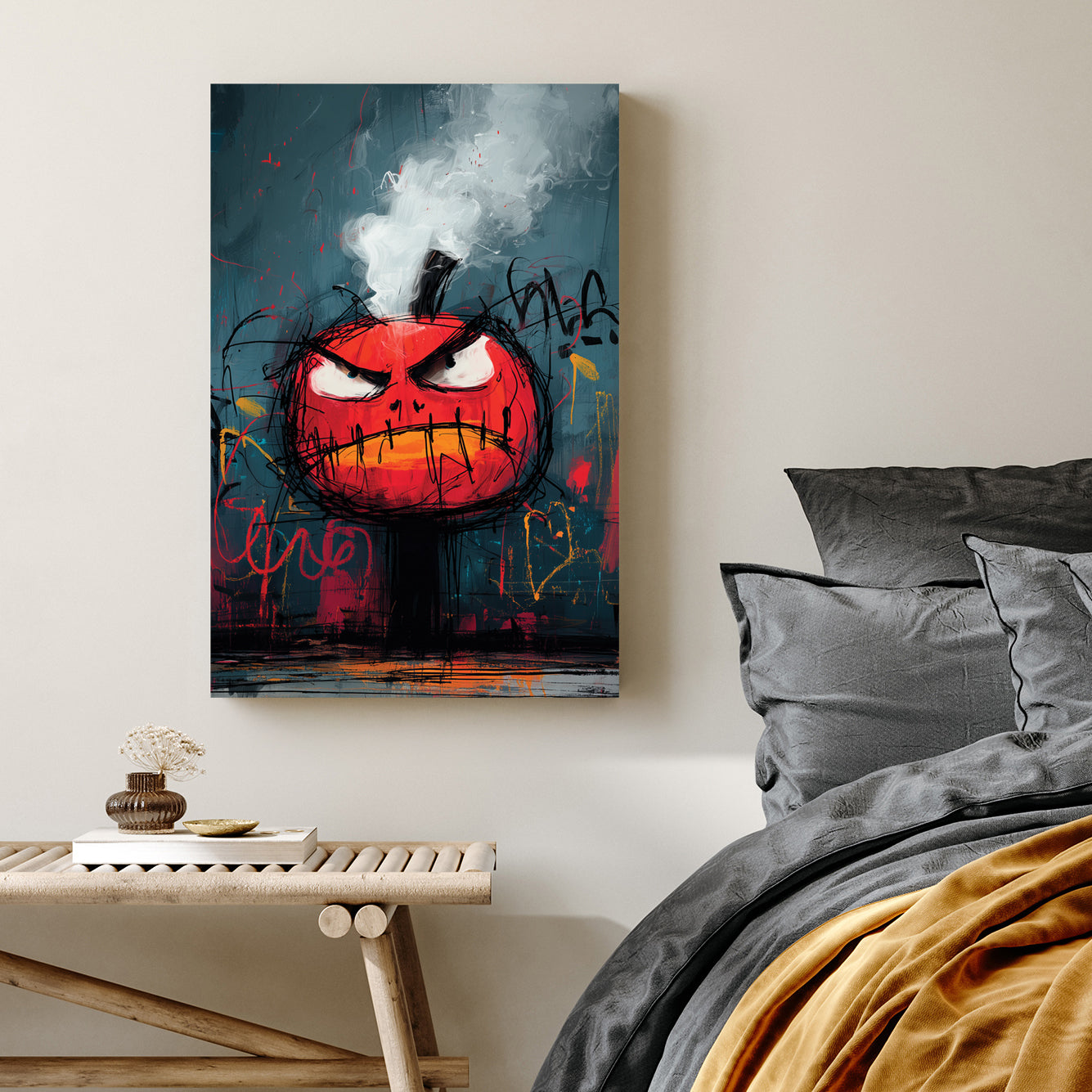 graffiti angry pumpkin wall art with smoke and bold colours