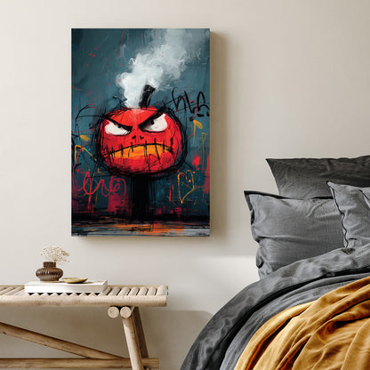 graffiti angry pumpkin wall art with smoke and bold colours