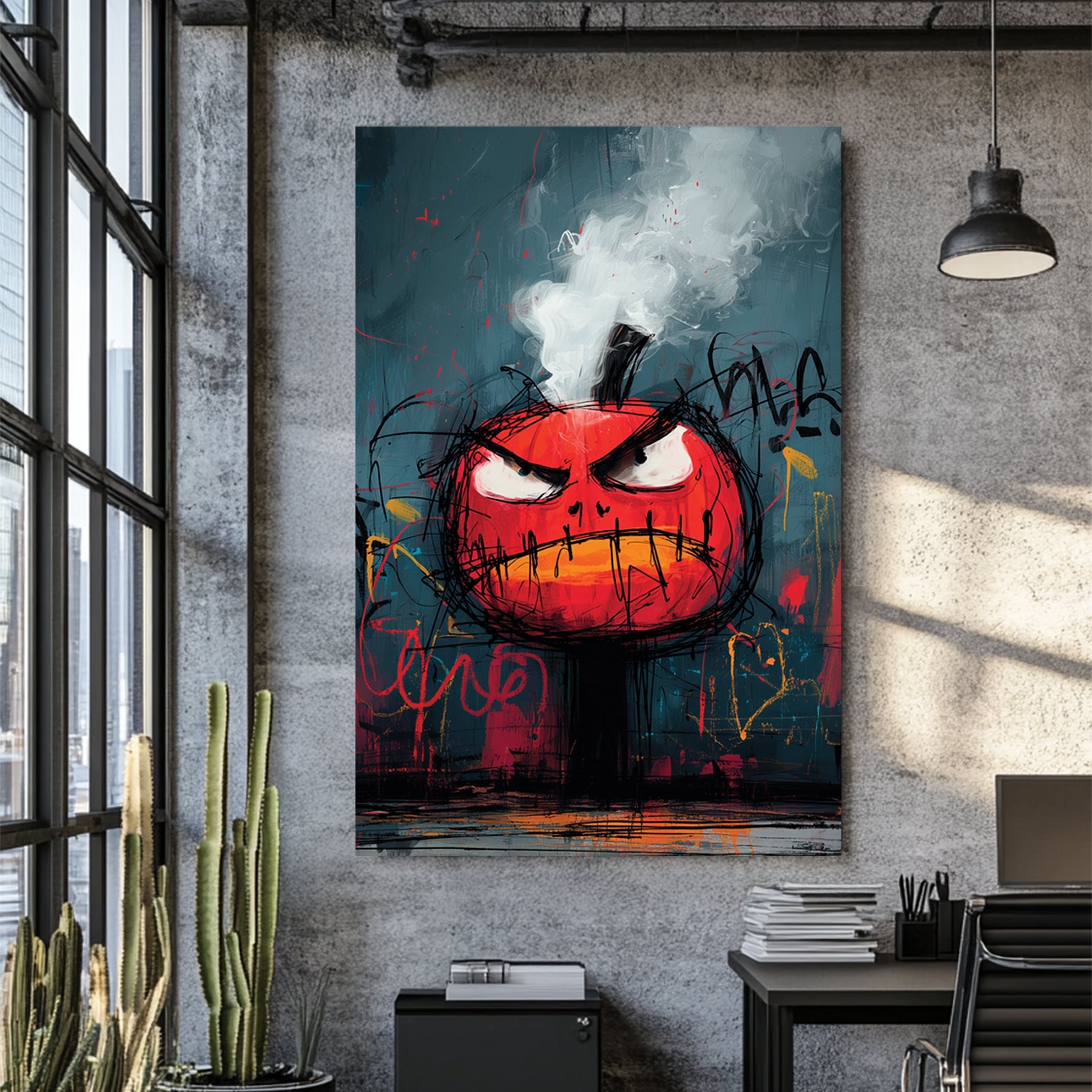 graffiti angry pumpkin wall art with smoke and bold colours