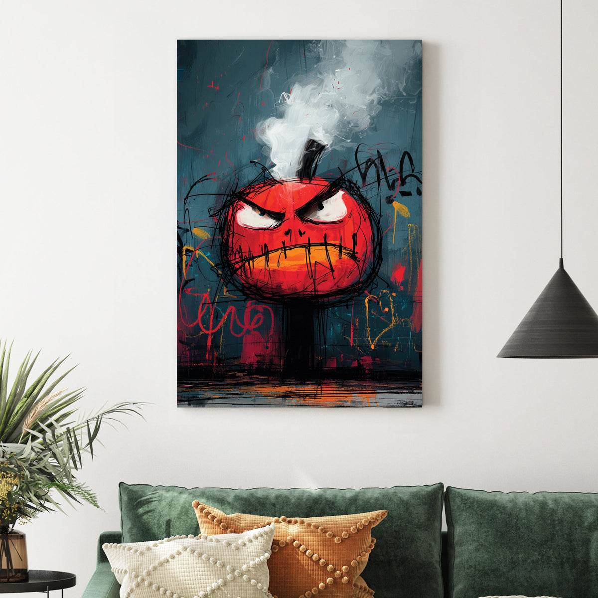 graffiti angry pumpkin wall art with smoke and bold colours