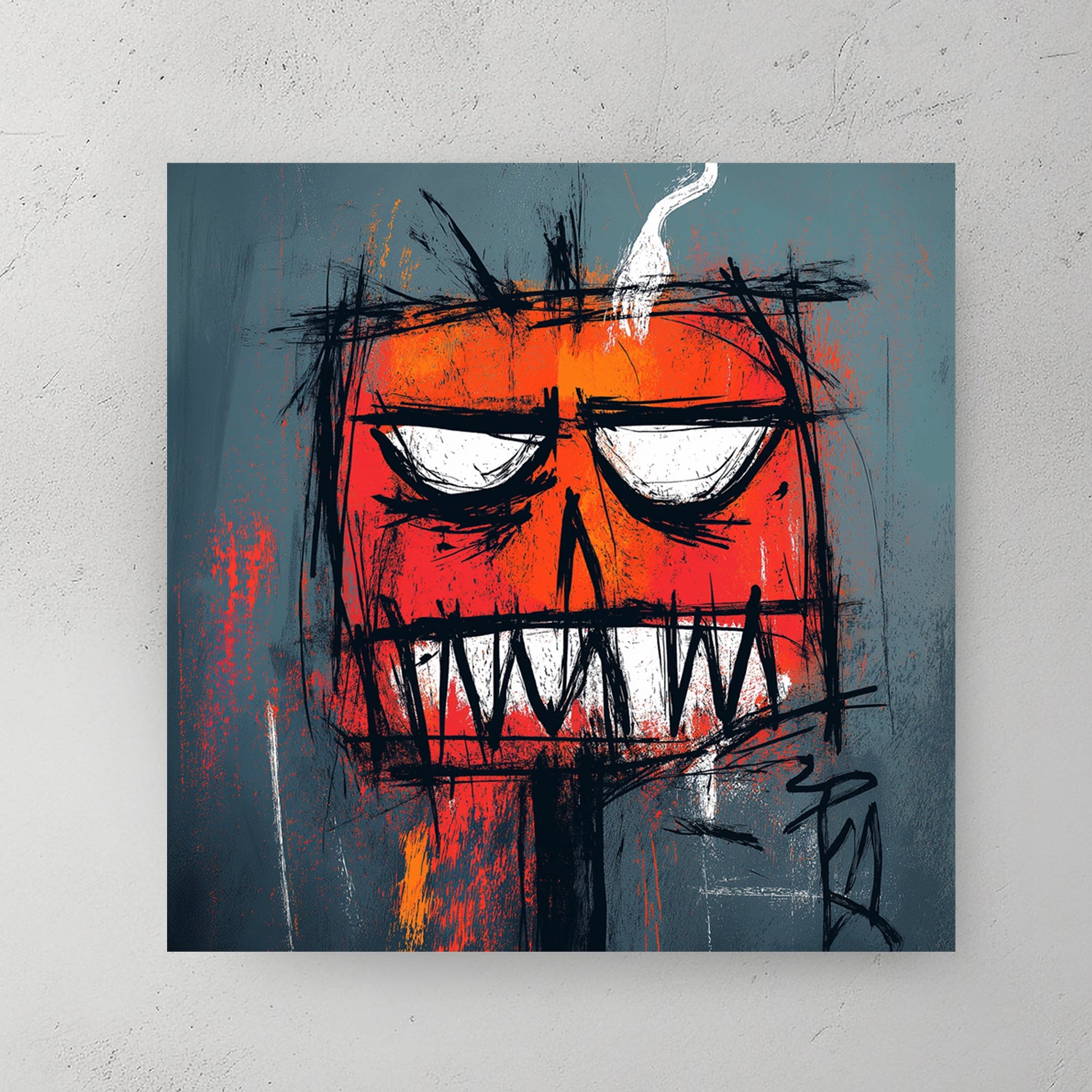 edgy graffiti pumpkin wall art with smoke and intense expression