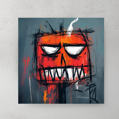 edgy graffiti pumpkin wall art with smoke and intense expression
