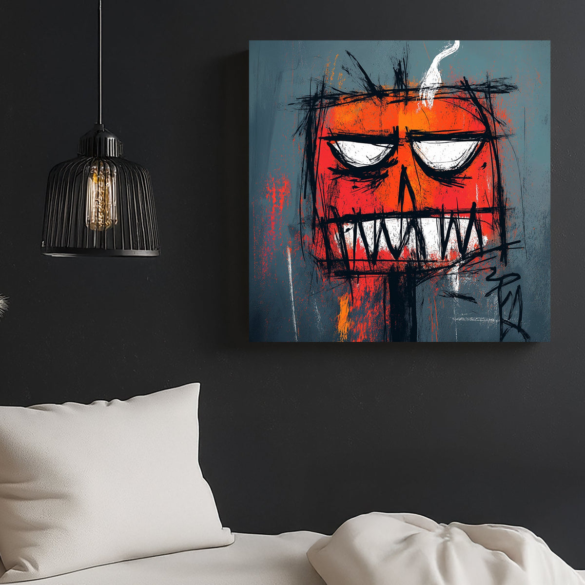 edgy graffiti pumpkin wall art with smoke and intense expression