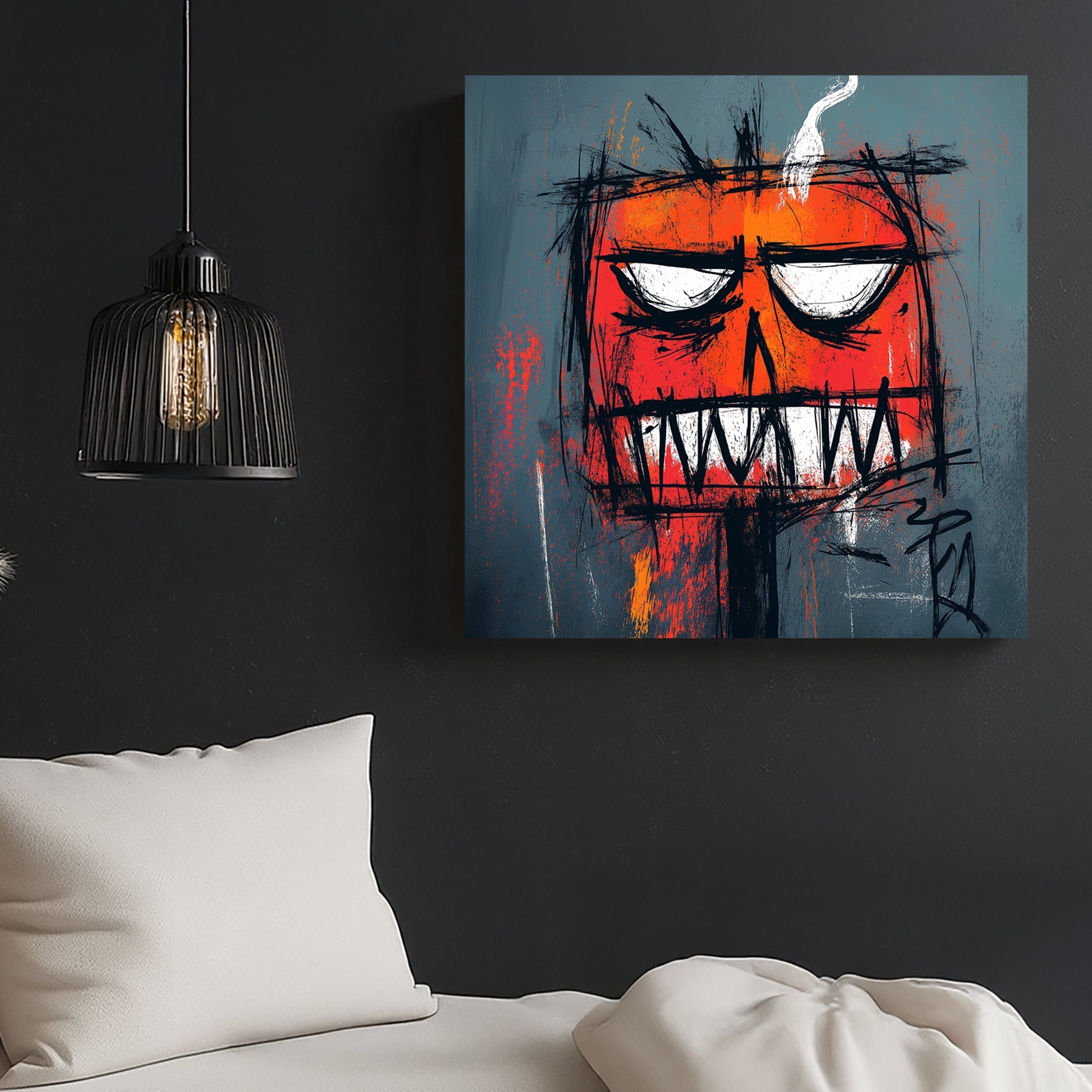 edgy graffiti pumpkin wall art with smoke and intense expression