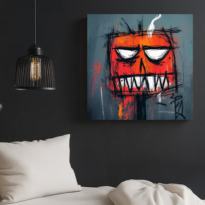 edgy graffiti pumpkin wall art with smoke and intense expression