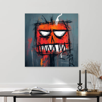 edgy graffiti pumpkin wall art with smoke and intense expression