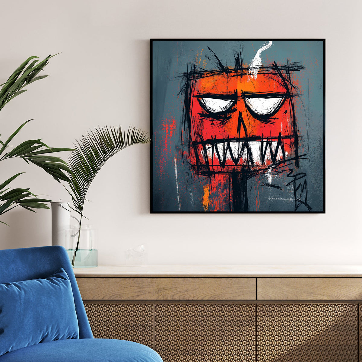 edgy graffiti pumpkin wall art with smoke and intense expression