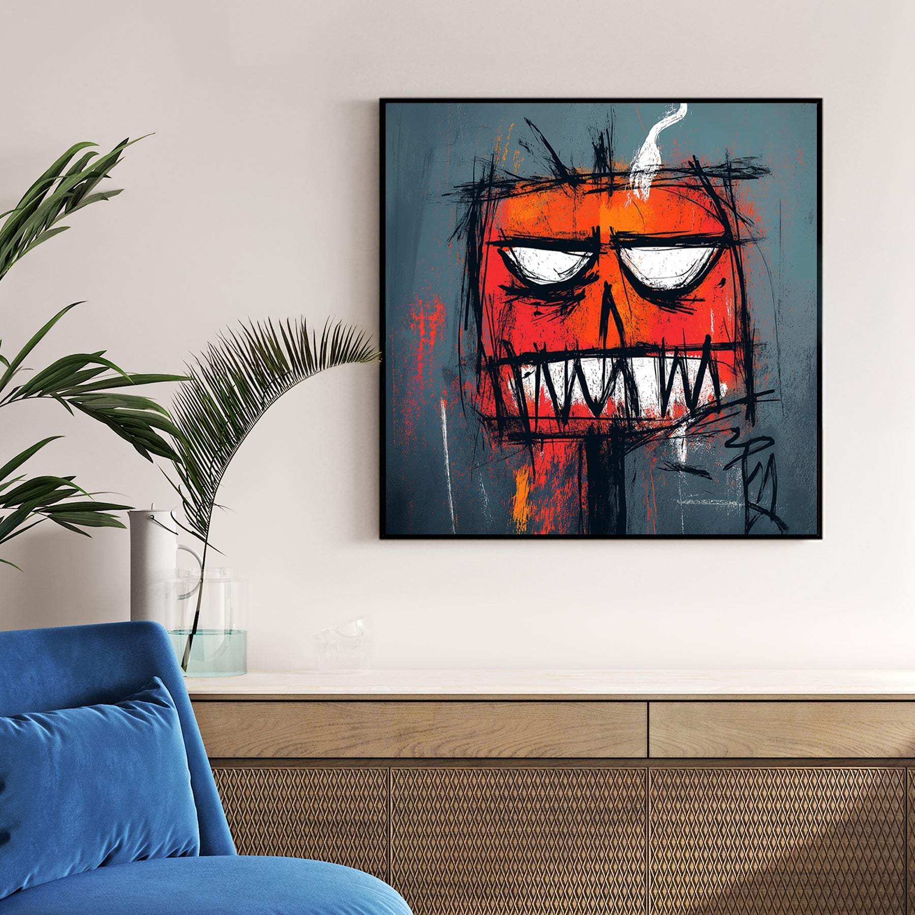 edgy graffiti pumpkin wall art with smoke and intense expression