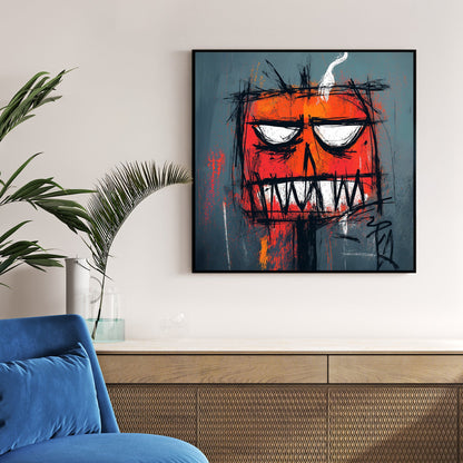 edgy graffiti pumpkin wall art with smoke and intense expression