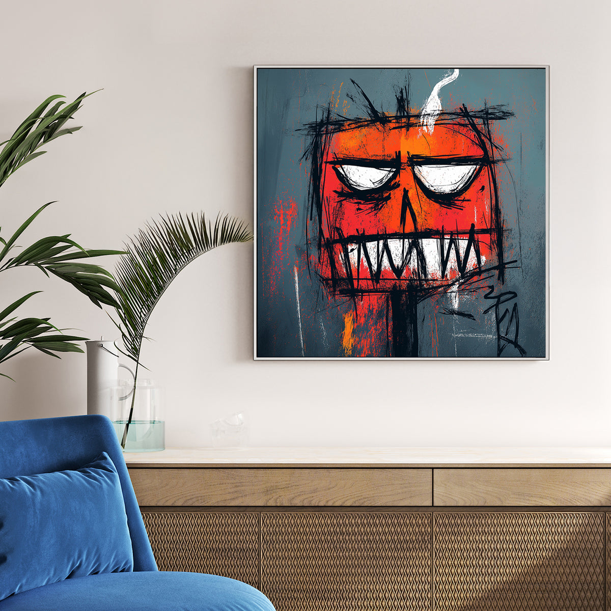 edgy graffiti pumpkin wall art with smoke and intense expression