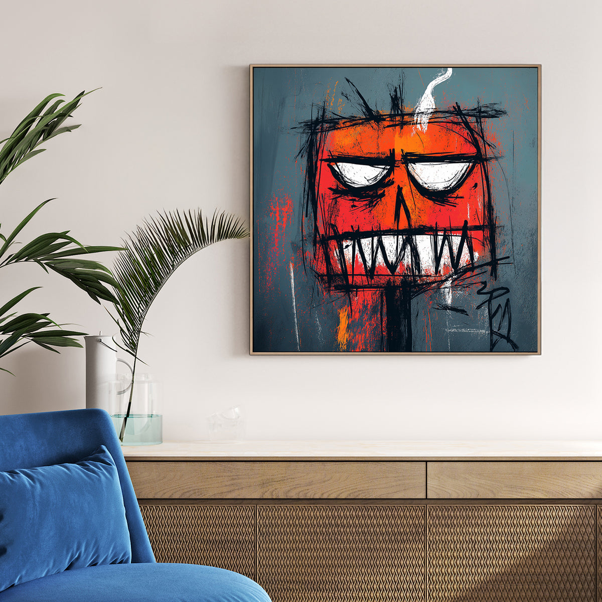 edgy graffiti pumpkin wall art with smoke and intense expression