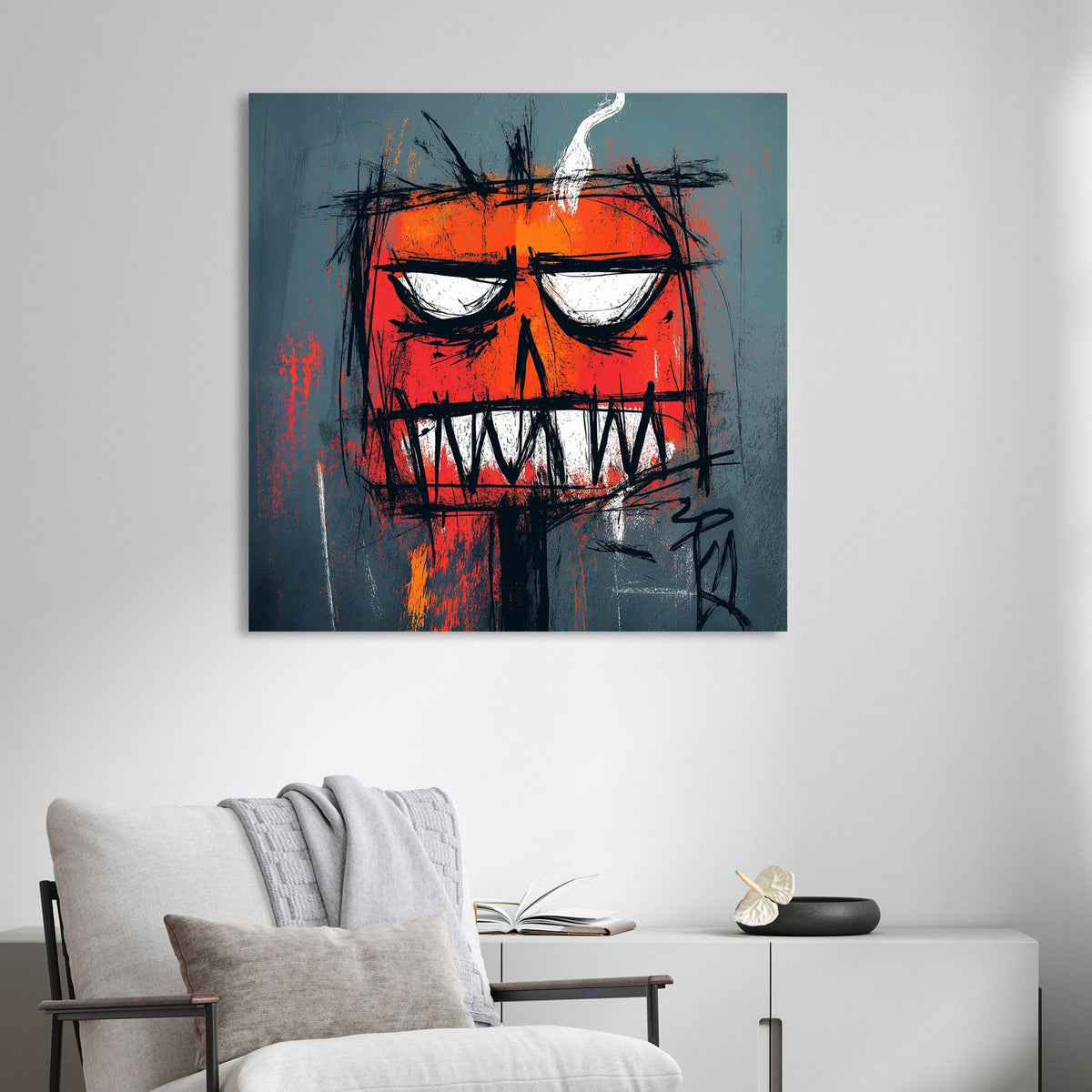 edgy graffiti pumpkin wall art with smoke and intense expression