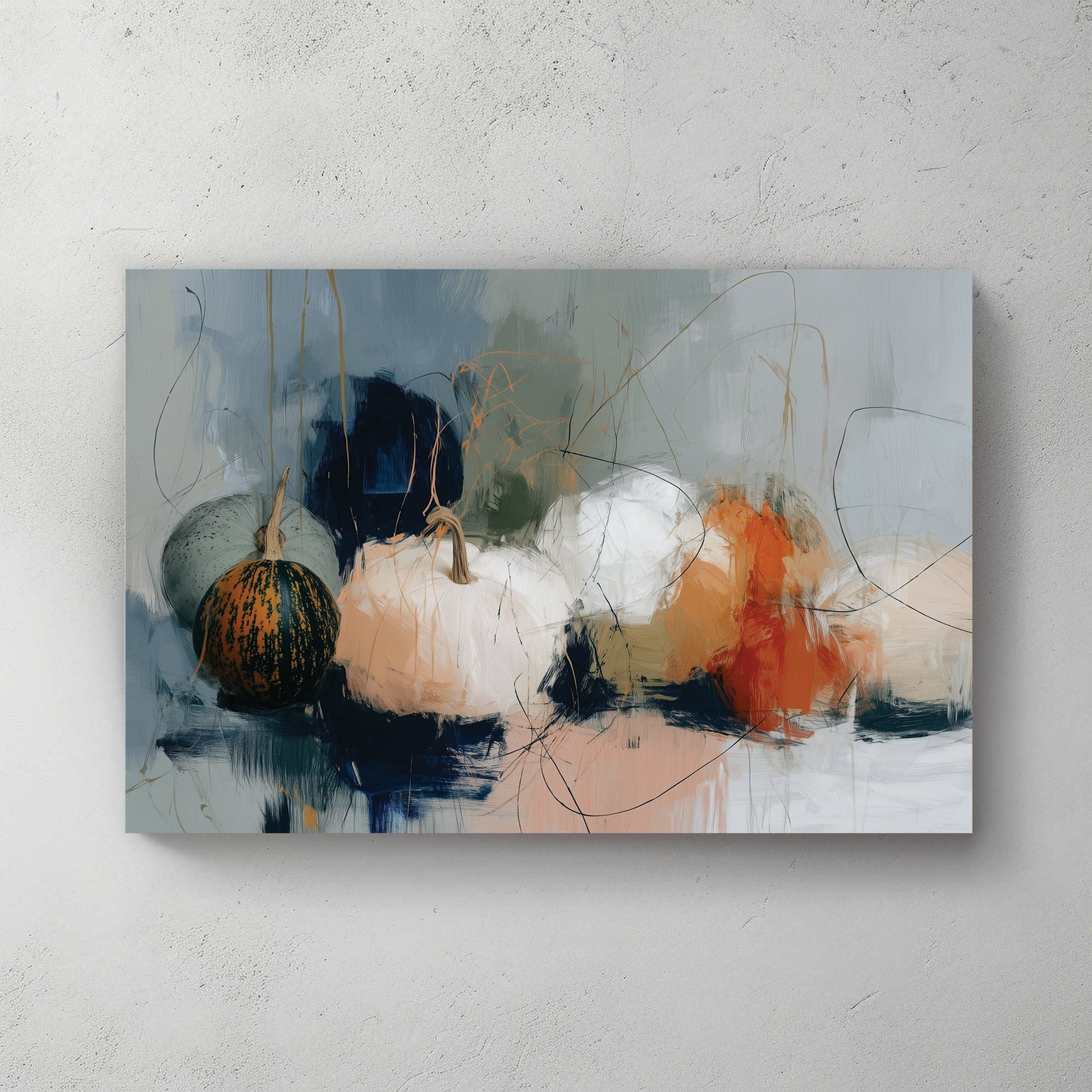 abstract fall pumpkins in muted tones of orange, white, and green