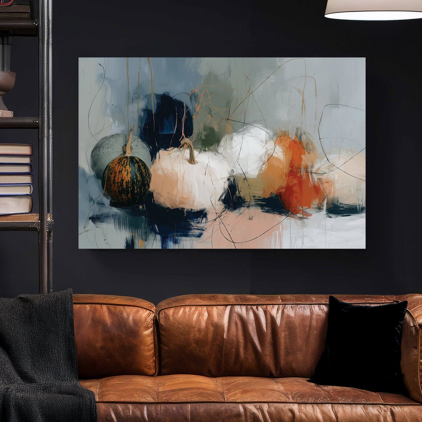 abstract fall pumpkins in muted tones of orange, white, and green