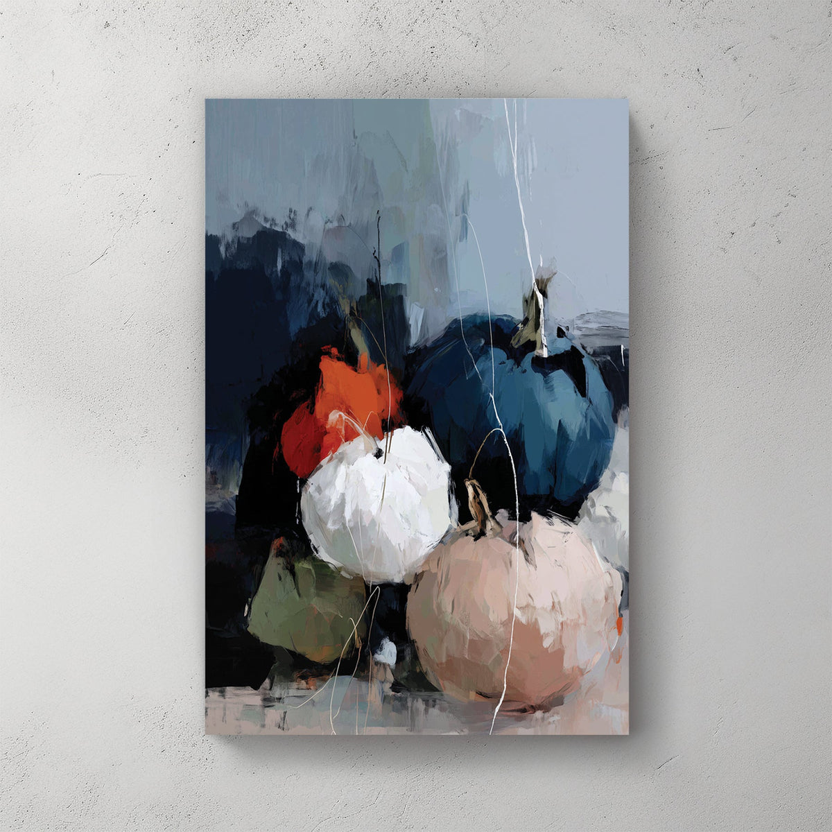 moody abstract pumpkins in navy, white, orange, green, and blush tones