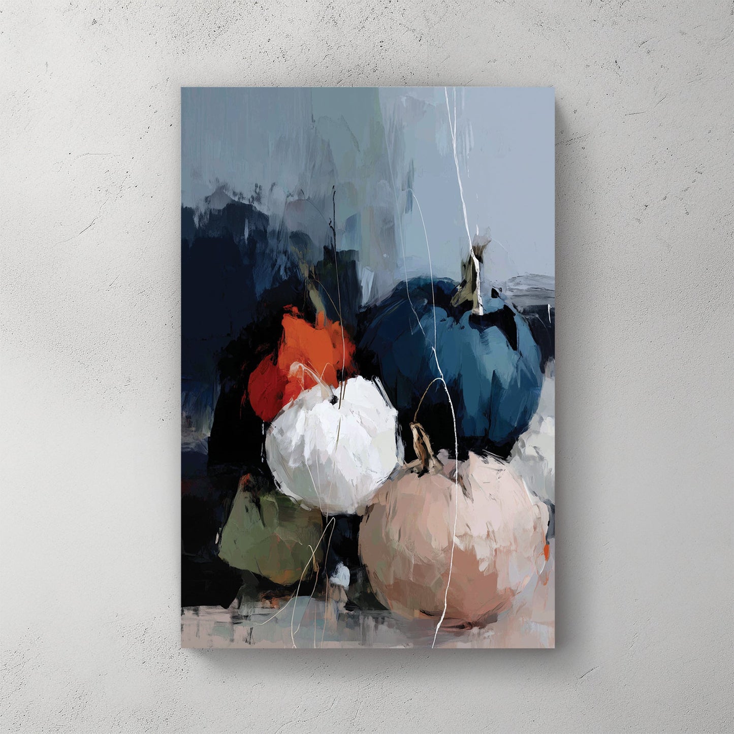 moody abstract pumpkins in navy, white, orange, green, and blush tones