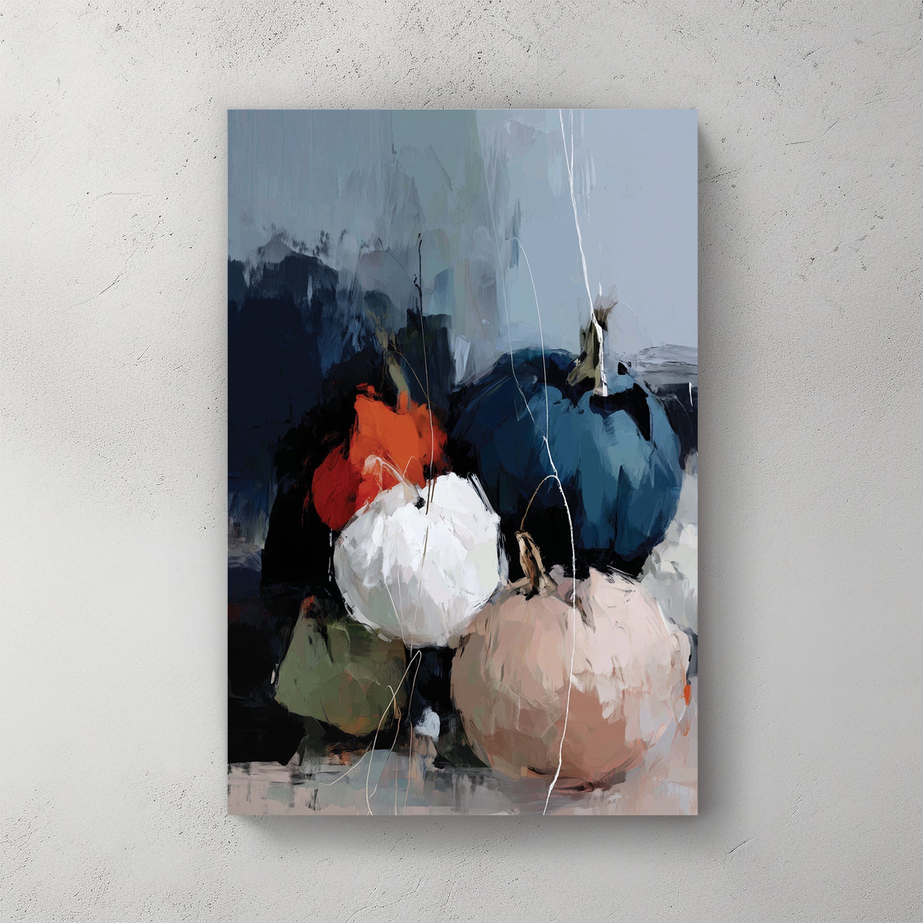 moody abstract pumpkins in navy, white, orange, green, and blush tones