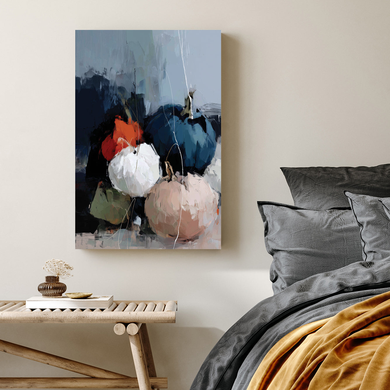 moody abstract pumpkins in navy, white, orange, green, and blush tones