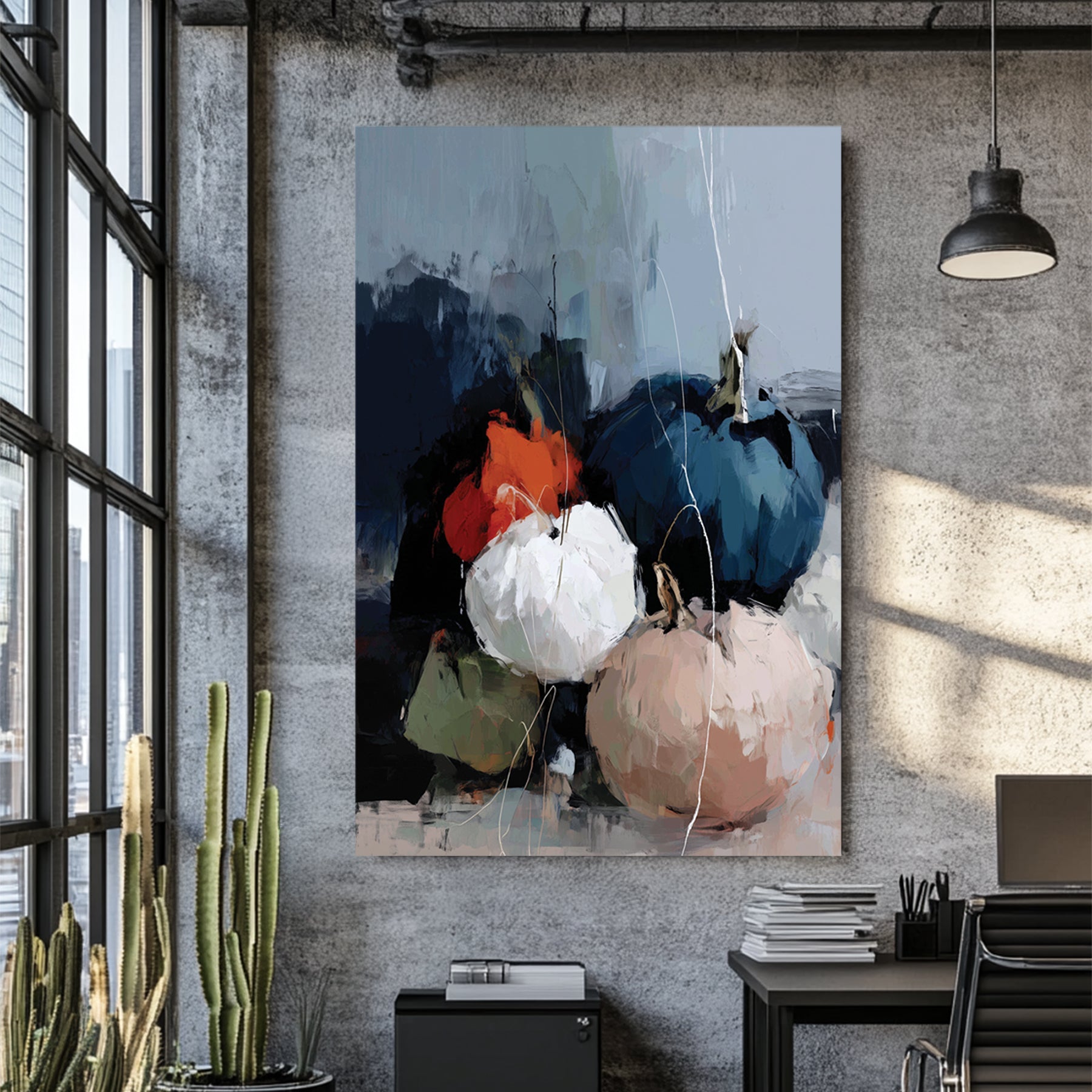 moody abstract pumpkins in navy, white, orange, green, and blush tones