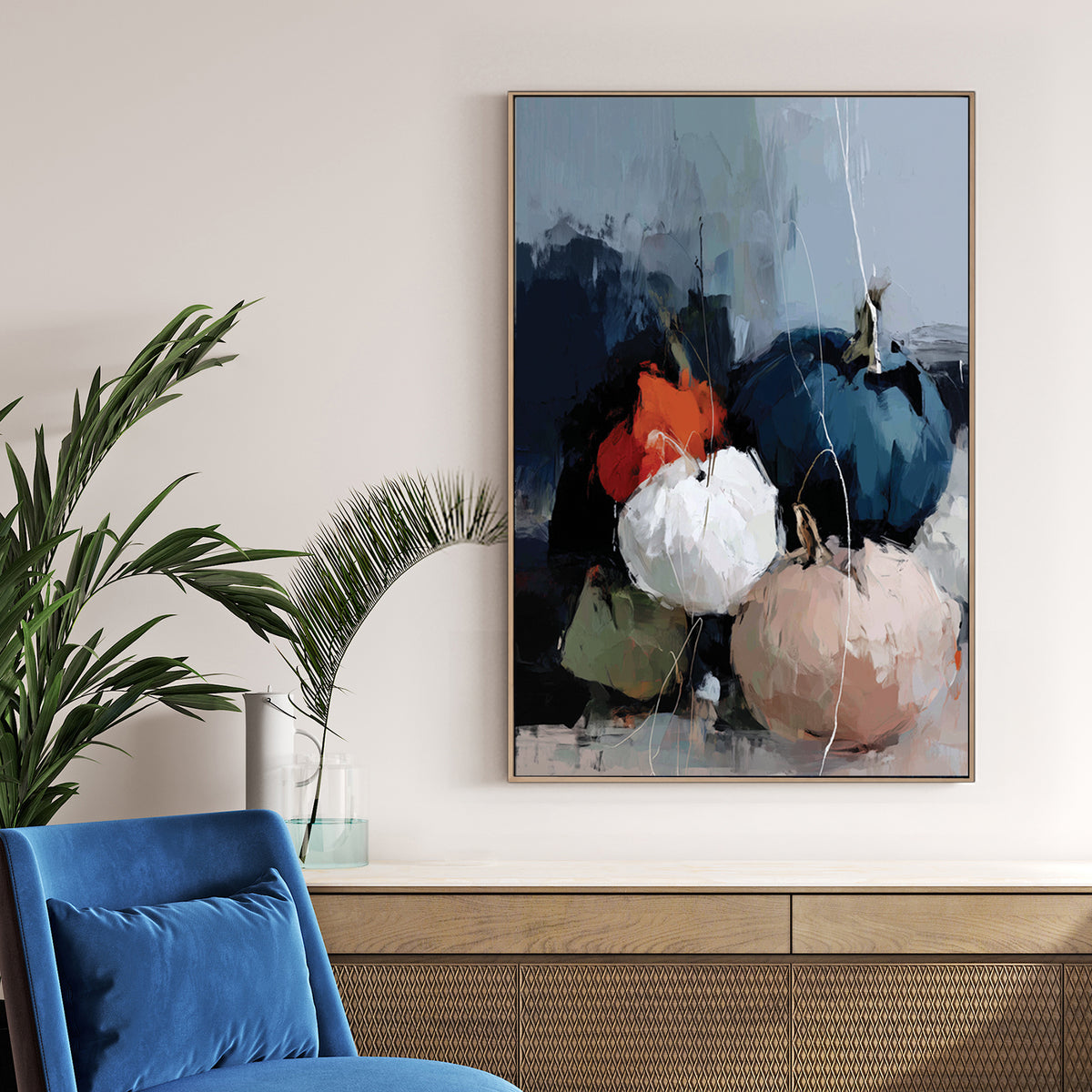 moody abstract pumpkins in navy, white, orange, green, and blush tones