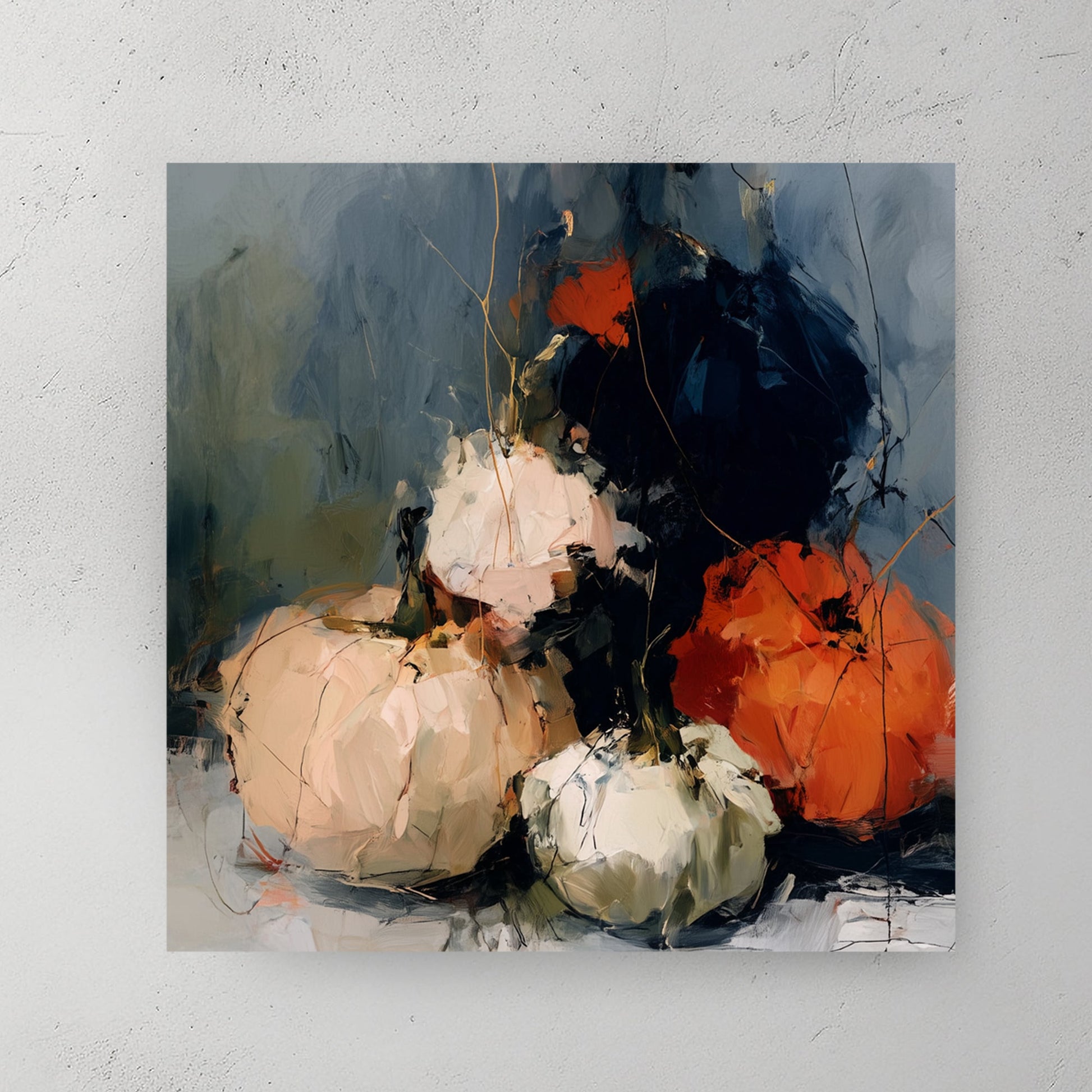 abstract pumpkin painting with beige, green, orange, and dark blue tones
