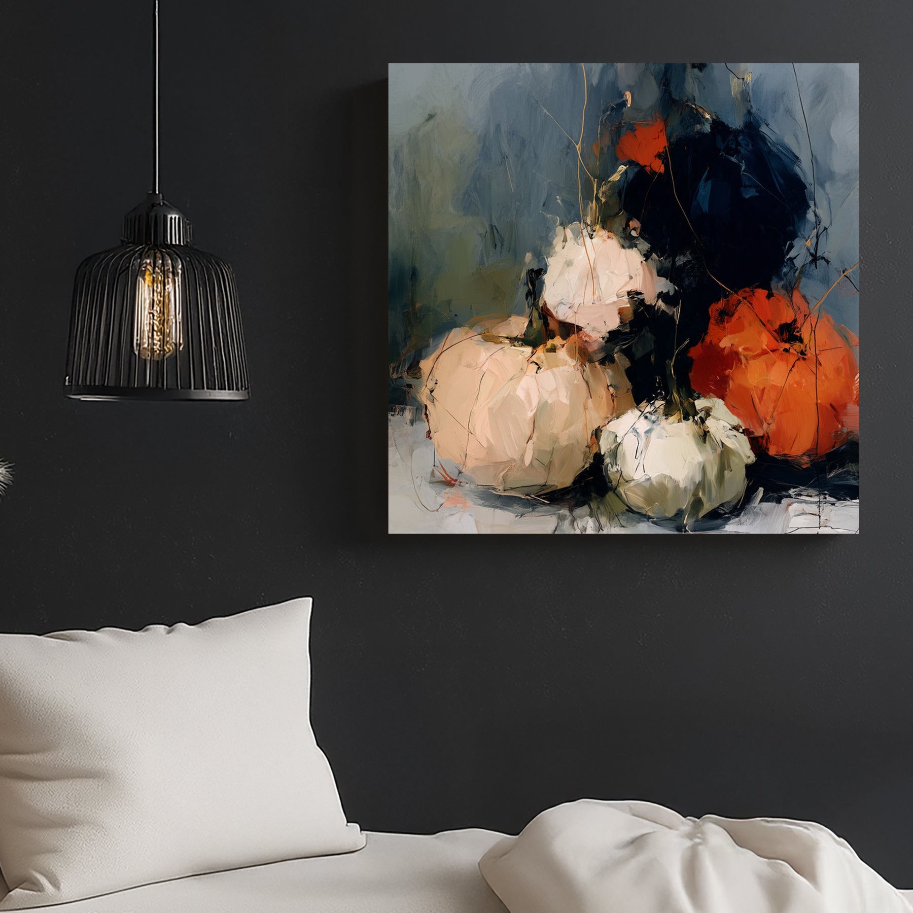 abstract pumpkin painting with beige, green, orange, and dark blue tones