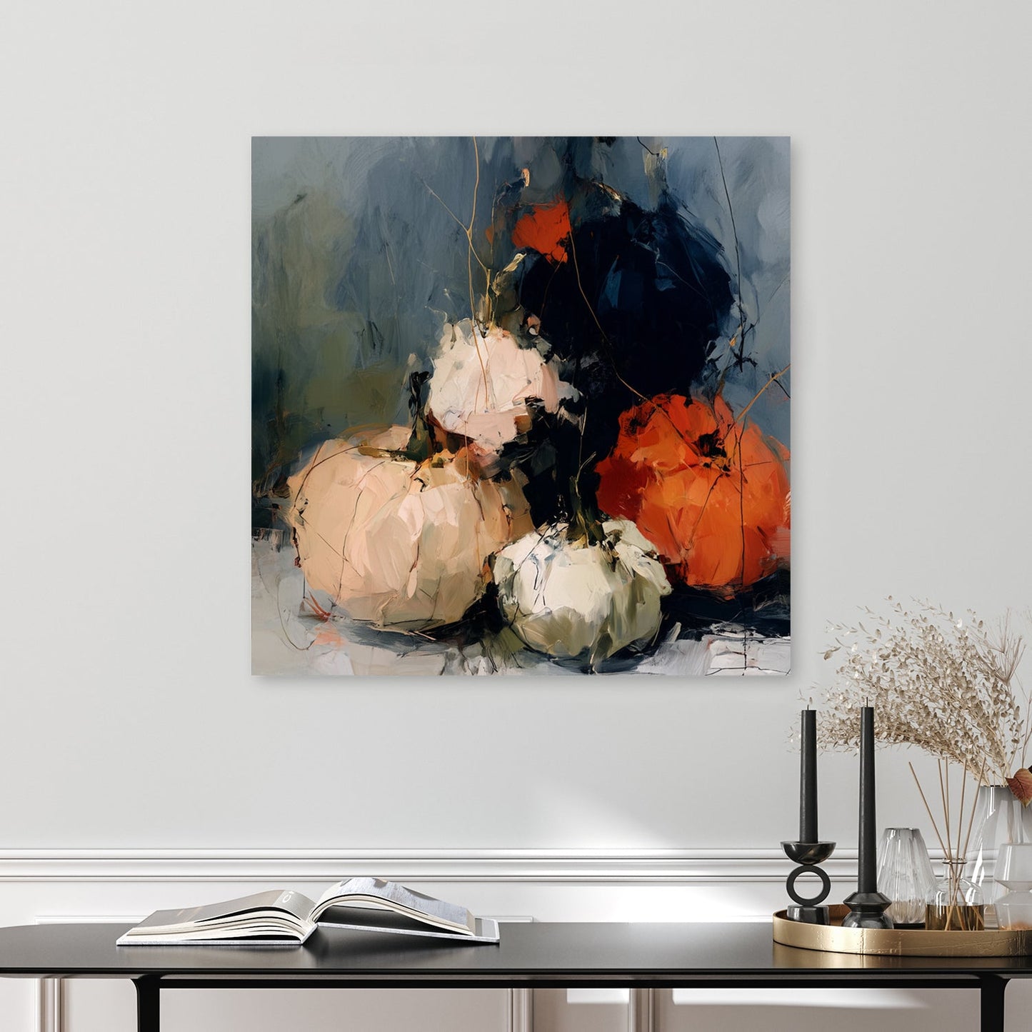 abstract pumpkin painting with beige, green, orange, and dark blue tones