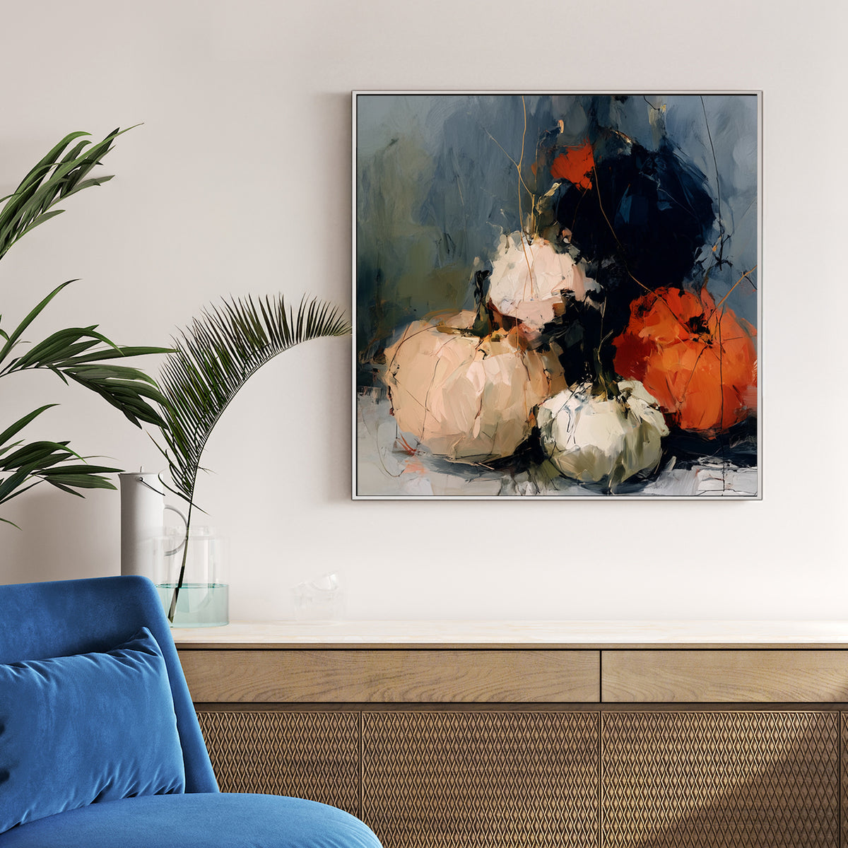 abstract pumpkin painting with beige, green, orange, and dark blue tones