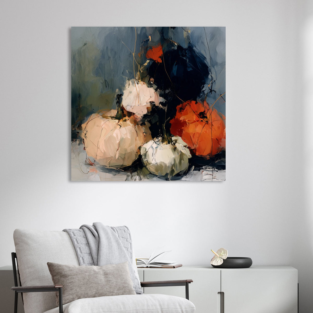 abstract pumpkin painting with beige, green, orange, and dark blue tones