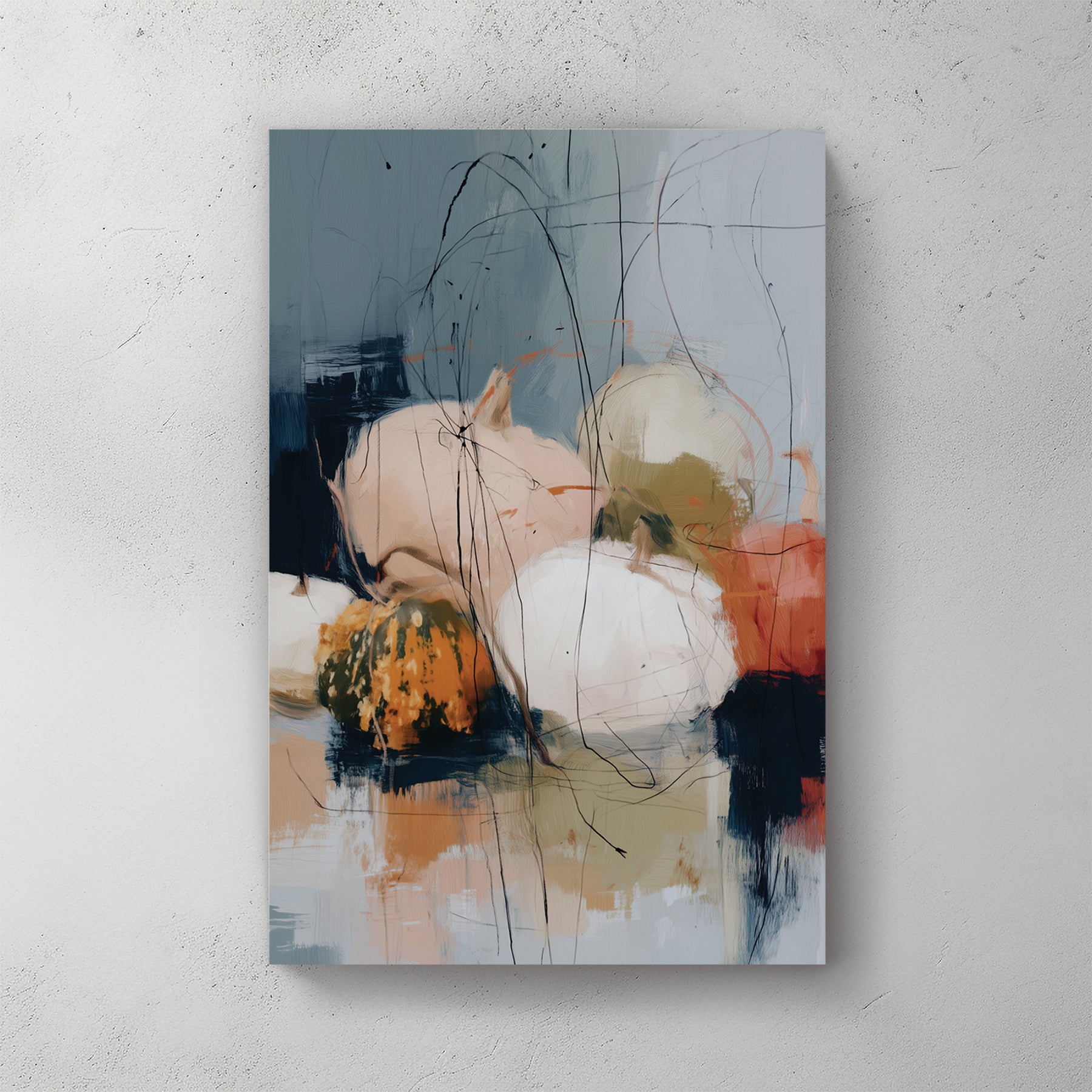 abstract fall pumpkin artwork with cream, blush, green, orange, and scribbled black lines