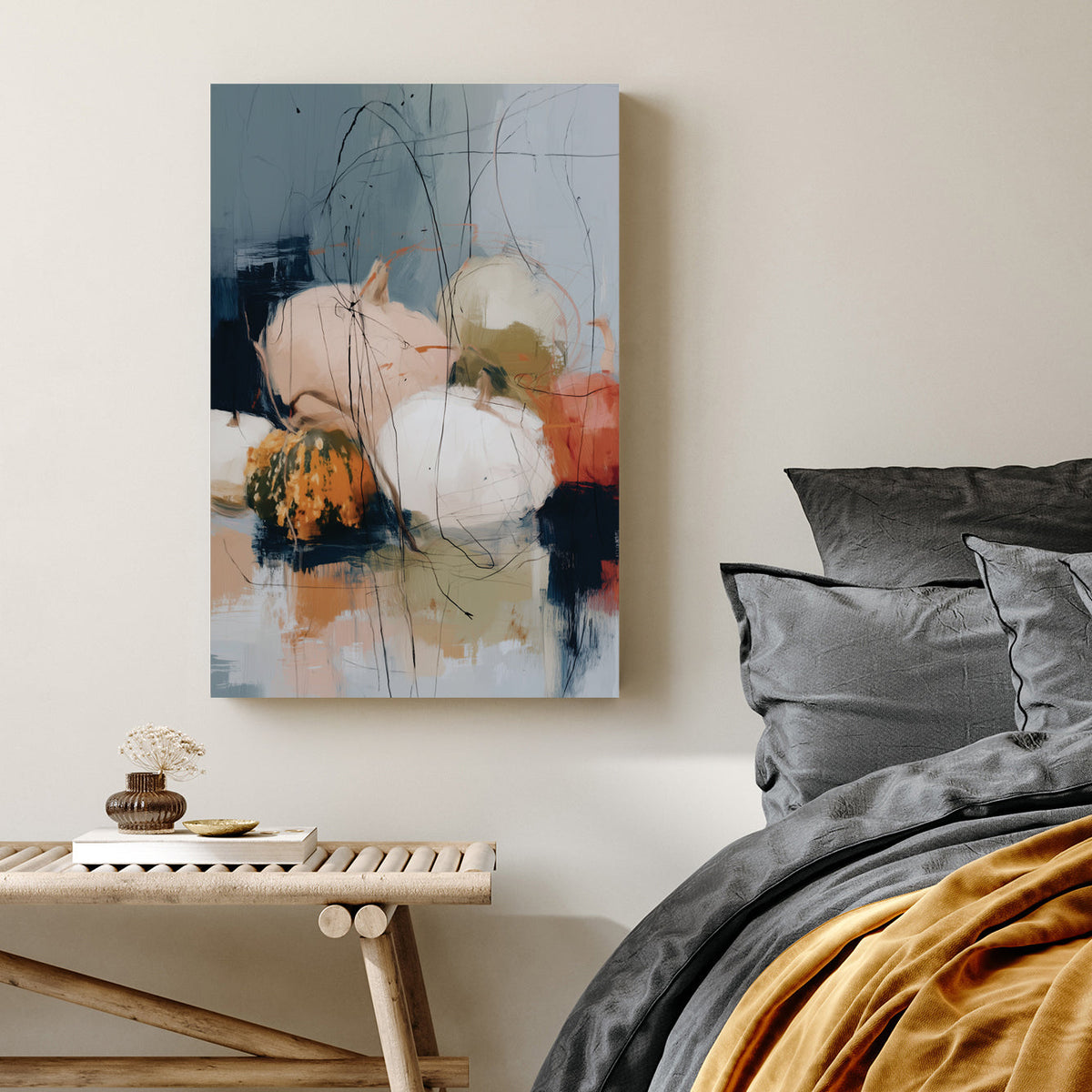 abstract fall pumpkin artwork with cream, blush, green, orange, and scribbled black lines