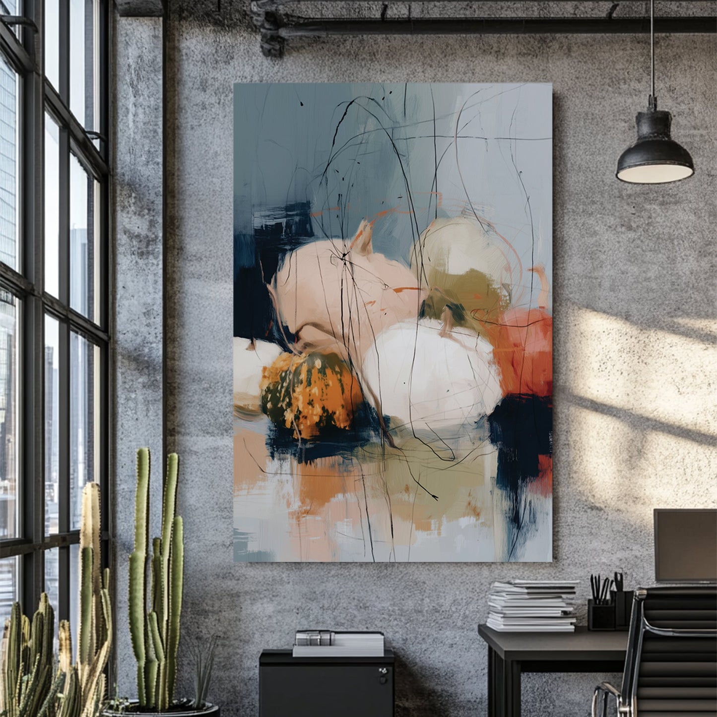 abstract fall pumpkin artwork with cream, blush, green, orange, and scribbled black lines