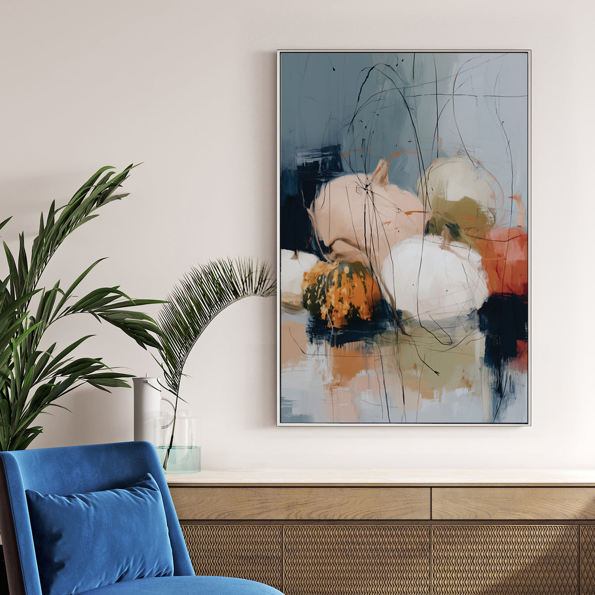 abstract fall pumpkin artwork with cream, blush, green, orange, and scribbled black lines