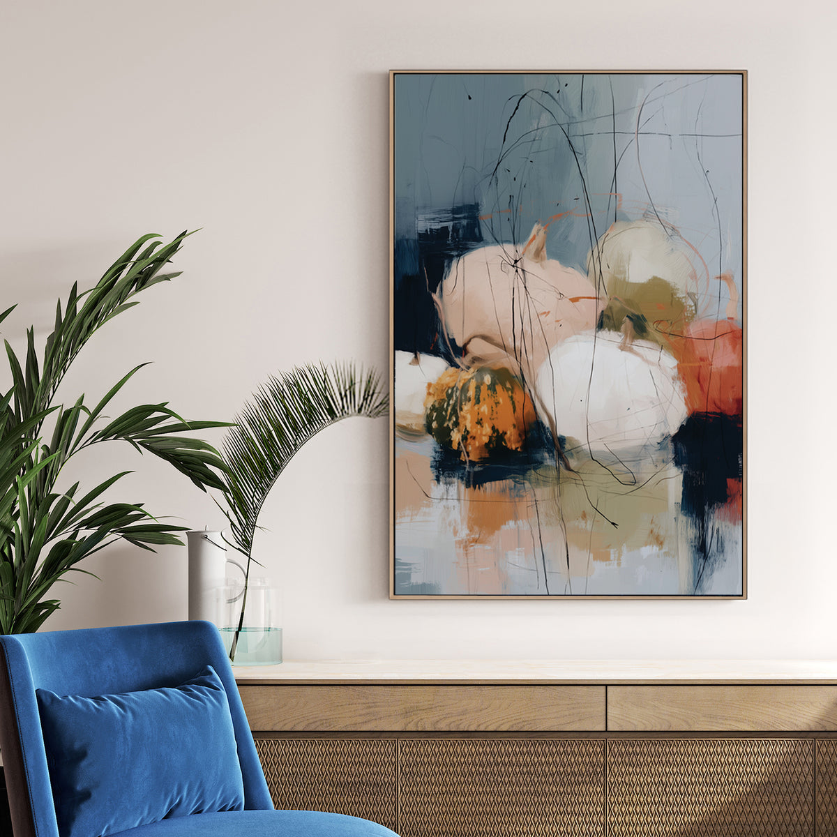 abstract fall pumpkin artwork with cream, blush, green, orange, and scribbled black lines