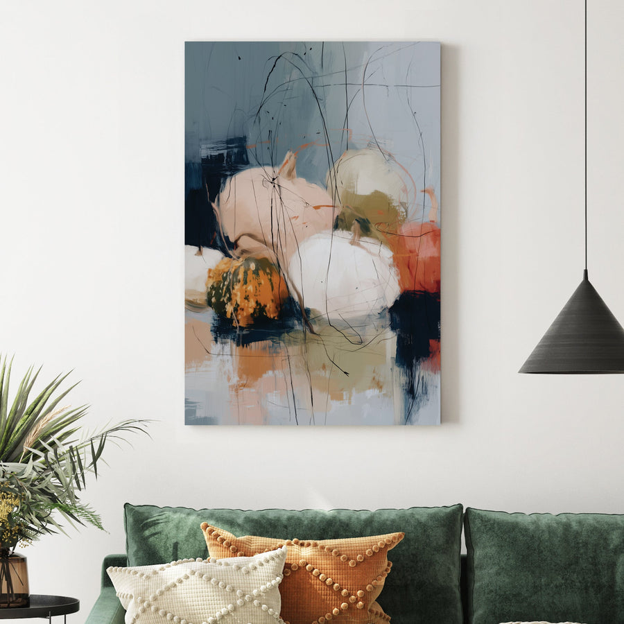 abstract fall pumpkin artwork with cream, blush, green, orange, and scribbled black lines